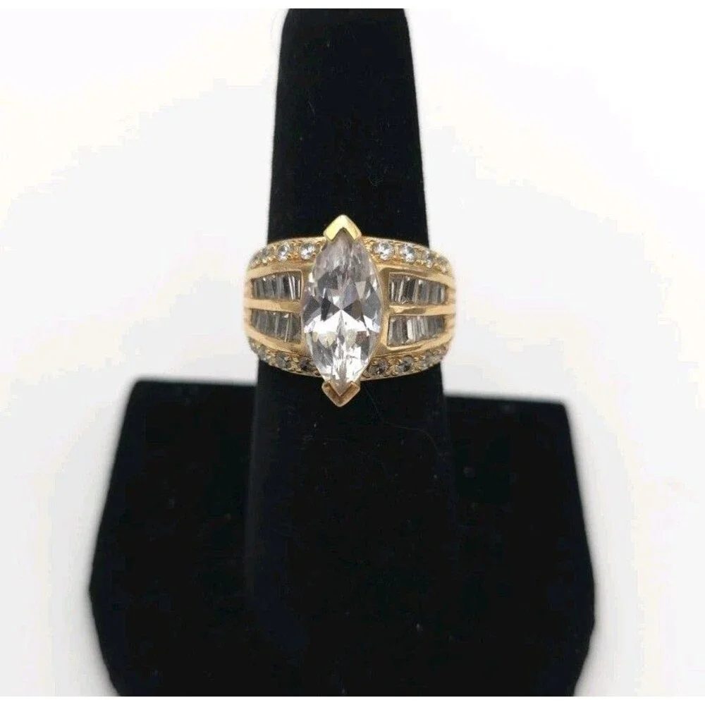 925 Gold CZ Marquis & Baguette Ring Size 7 Sterling Silver Vermeil Vtg